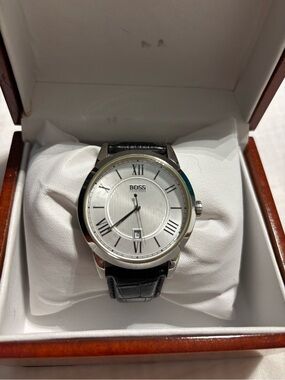BOSS Silver Dial Men's Watch with Black Leather Strap
